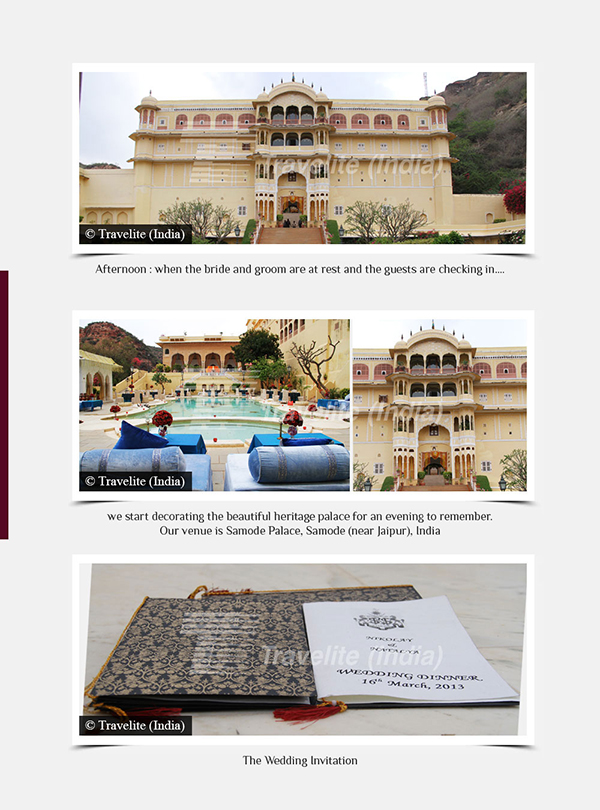 Afternoon: when the bride and groom are at res and the guests are checking in, We start decorating te beautiful heritage palace for an evening to remember, our venue is Samode Palace (near Jaipur) India, The wedding Invitation