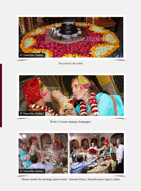 Decorated cake table, Bride and Groom sipping champagne, Dinner inside the heritage palace hotel  Samode Palace (near Jaipur) India