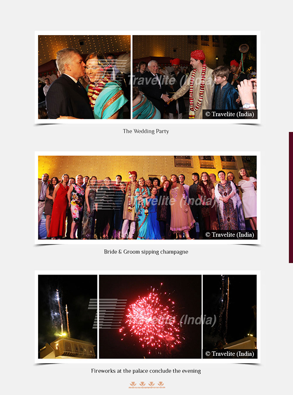 The wedding Party, Bride and Groom sipping champagne, Fireworks at the palace conclude the evening