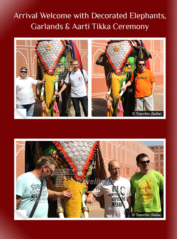 Arrival welcome with decorated Elephants, Garland and Aarti Tikka Ceremony