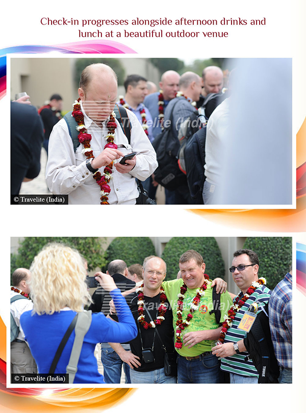 Check-in progresses alongside drinks and lunch at a beautiful outdoor venue